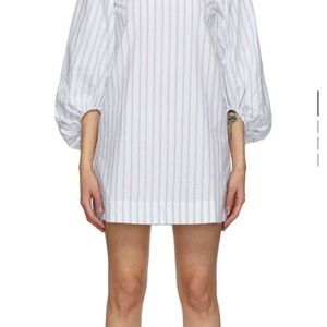 Ganni Light Blue and White Striped Balloon-Sleeve Mini Dress